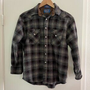 Pendleton Black Gray Plaid Button Down Flannel Top